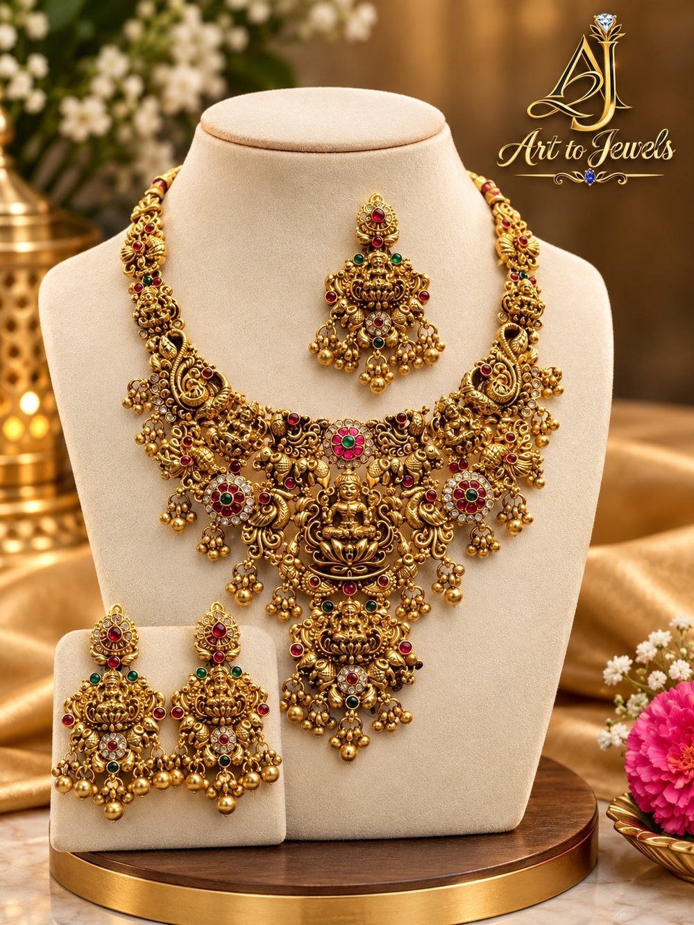 Gold-Tone Temple Necklace Set with Red & Green Stones